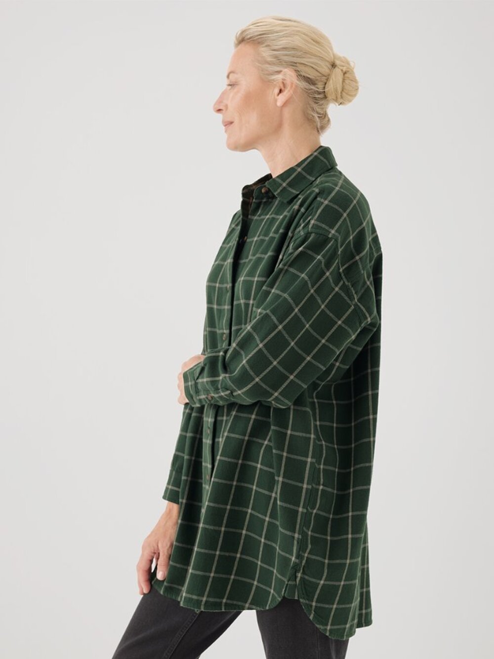 Pact Organic Cotton Fireside Flannel Oversized Shirt Green Plaid Windowpane
